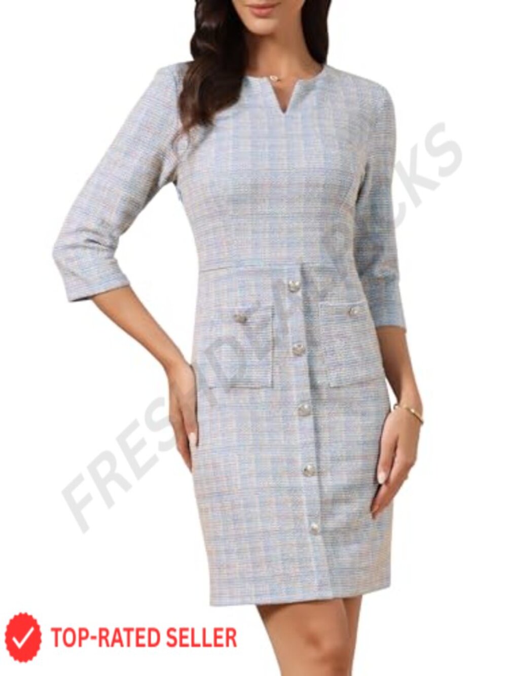 Tweed Sheath Dress 3/4 Sleeve Business Work Sheath Pencil Dress